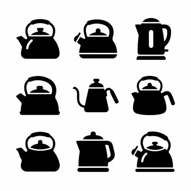 Dokuz farklı çaydanlık ve çaydanlık siluetinden oluşan çok yönlü bir vektör koleksiyonu. Grafik tasarımı, web simgeleri ve mutfak temaları için modern elektrik ve klasik fırın tasarımları içerir.