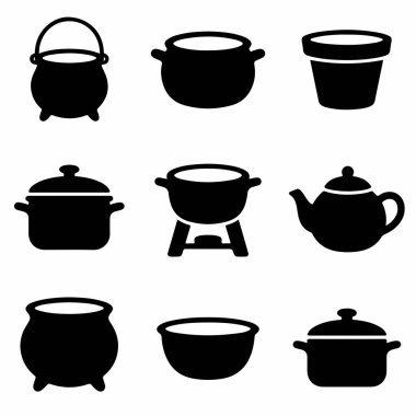Farklı yemek pişirme teknelerini temsil eden dokuz basit siyah vektör simgesinden oluşan bir derleme. Kazanlar, saksılar, çaydanlık ve fondü tenceresi de dahil. Mutfak temaları için düz grafik tasarım ögeleri.