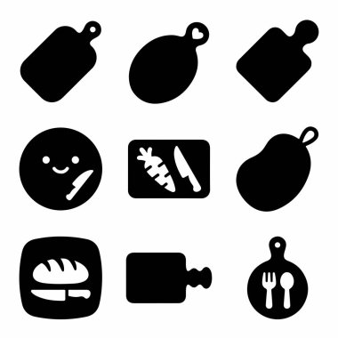 Mutfağın çeşitli şekillerinde dokuz izole edilmiş siyah vektör ikonundan oluşan bir koleksiyon. Kimisi bıçaklı, kimisi havuçlu ve çatal bıçaklı yemek hazırlama malzemesi.