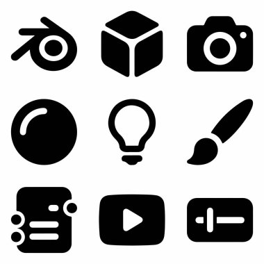Blender 3D yazılım kamera ampulü ve boya fırçası gibi dijital yaratım için dokuz minimalist katı simge koleksiyonu kullanıcı arayüzü tasarımı ve web uygulamaları için mükemmeldir.
