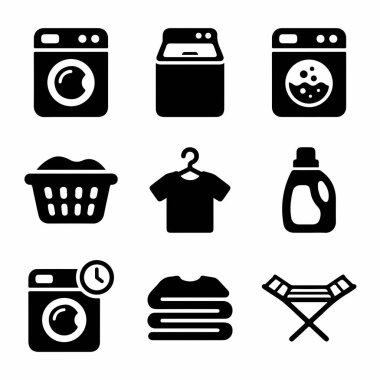 Çamaşır ve temizlik kıyafetleriyle ilgili siyah katı simgelerden oluşan bir koleksiyon. Çamaşır makinesi, deterjan, çamaşır sepeti, katlanmış giysiler ve kuru askı sembolleri içerir.