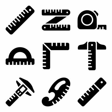Tasarım projeleri için cetvel, açıölçer, kalibre ve mezura gibi çeşitli ölçüm ve çizim araçlarını temsil eden dokuz siyah katı simge kümesi.