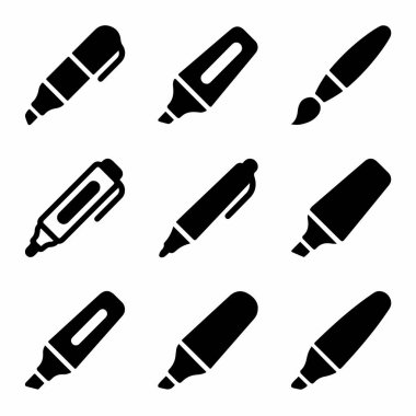 Beyaz bir arkaplanda çeşitli yazı ve çizim araçlarını temsil eden dokuz basit siyah simge seti, fosforlu kalemler, fosforlu kalemler ve bir boya fırçası.