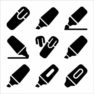 Kalemlerin dokuz basit siyah siluet simgesinden oluşan bir koleksiyon. Set, kepleri açık, kepleri kapalı ve kullanıcı arayüzü tasarımı için mükemmel bir çizgi çizme sürecinde işaretleri içerir.