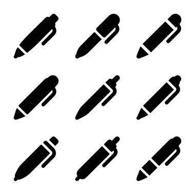 Basit bir kabartma biçiminde dokuz adet siyah kalem simgesi. Simgeler, web tasarımı, uygulamalar ve kırtasiye temaları için uygun farklı açılarda kalemleri gösterir.