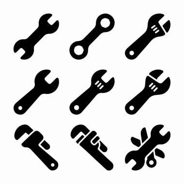 Beyaz arka planda dokuz izole siyah anahtar simgesi. Mekanik ve onarım işleri için açık uçlu, kombinasyon, ayarlanabilir ve boru anahtarı gibi çeşitli türleri içerir.