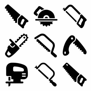 Çeşitli testere, testere, demir testeresi, testere, testere, yapboz ve katlanan testere gibi çeşitli testereleri temsil eden dokuz siyah siluet ikonundan oluşan bir koleksiyon..