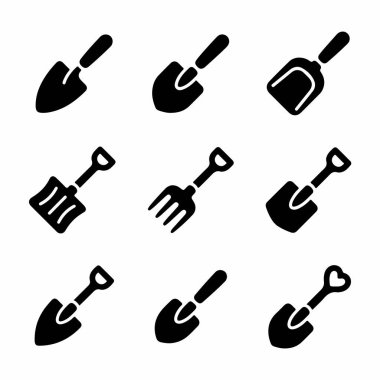 Çeşitli kürek, kürek, maça, mala ve bahçe çatalını tasvir eden dokuz basit siyah ve beyaz vektör ikonundan oluşan bir koleksiyon. Simgeler katı bir kabartma biçiminde, beyaz bir arkaplanda izole edilmiş..
