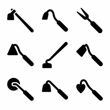 Beyaz bir arka planda izole edilmiş, çapa, çapa ve bahçe çatalı gibi farklı tipte çapa ve ekicileri temsil eden dokuz basit simge koleksiyonu..