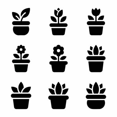 Çeşitli saksılarda bitki ve çiçeklerin yer aldığı dokuz basit siyah kabartma ikonundan oluşan bir koleksiyon. Fideler, laleler, papatyalar ve sulu bitkiler de dahil. İzole vektör illüstrasyonu.