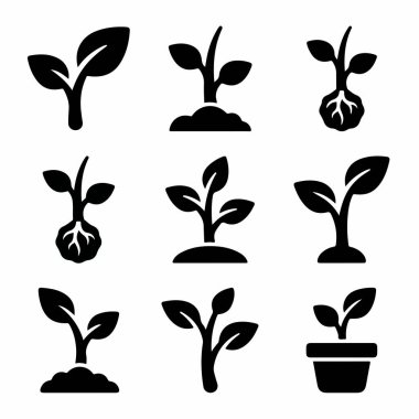 Kökleri olan tohumlar, toprakta filizler ve saksıdaki küçük bir bitki de dahil olmak üzere bitki büyümesinin çeşitli aşamalarını temsil eden dokuz basit siyah siluet ikonundan oluşan bir koleksiyon..