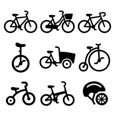 Tek tekerlekli bisiklet, kargo bisikleti, bozuk para parası ve kasklı üç tekerlekli bisiklet gibi farklı türde bisikleti gösteren dokuz siyah vektör ikonu..
