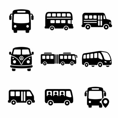 Şehir otobüsü, okul otobüsü, çift katlı otobüs ve toplu taşıma için eklemli otobüs de dahil olmak üzere farklı otobüs türlerini gösteren dokuz adet siyah siluet simgesi..