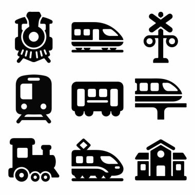 Buhar lokomotifleri, modern yüksek hızlı trenler, tramvaylar ve istasyonlar ve sinyaller gibi tren altyapısı gibi çeşitli trenleri temsil eden siyah simgelerden oluşan bir koleksiyon..