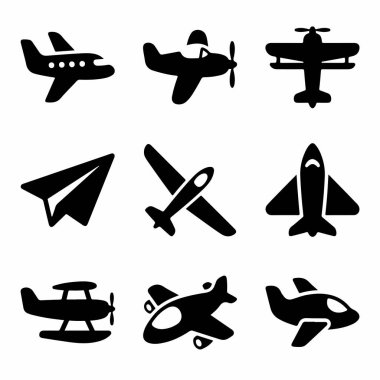 Yolcu jeti, pervane uçağı, kağıt uçak ve savaş uçağı da dahil olmak üzere çeşitli uçak siluetleri. Beyaz arkaplanda izole edilmiş seyahat ve taşıma temaları için basit siyah vektör simgeleri.