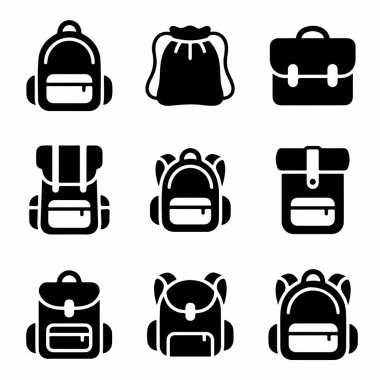 Değişik sırt çantaları, sırt çantaları ve çantalarını tasvir eden dokuz basit siyah beyaz ikondan oluşan çok yönlü bir set. Seyahat, eğitim veya kullanıcı arayüzü tasarımı için mükemmel.