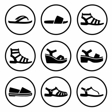 Dokuz adet siyah ve beyaz vektör ikonu parmak arası terlikler, kaydıraklar, takozlar ve espadriller dahil olmak üzere farklı tipte yaz ayakkabılarını gösteriyor..