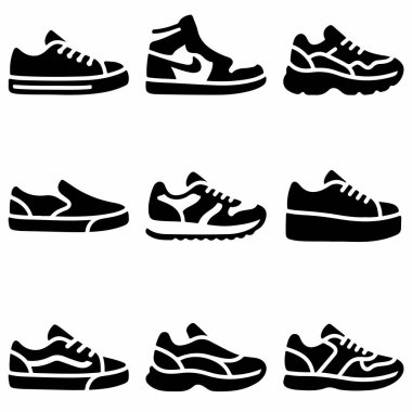 Çeşitli spor ayakkabıları, spor ayakkabıları, spor ayakkabıları ve günlük ayakkabıları temsil eden dokuz farklı siyah siluet simgesi. Tasarım için izole vektör grafik ögeleri.