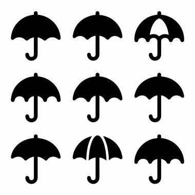 Siyah siluet tarzında dokuz basit, düz şemsiye simgesi. Bu koleksiyonda hava durumu, yağmur ve koruma kavramları için web veya uygulama tasarımı için mükemmel şekiller ve tasarımlar yer almaktadır..