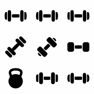 Spor aletlerini temsil eden dokuz basit siyah simge koleksiyonu. Sette çeşitli halterler ve beyaz bir arka planda izole edilmiş bir su ısıtıcısı var. Form ve egzersiz tasarımları için mükemmel..