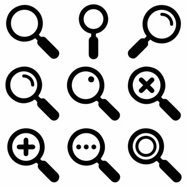 A collection of nine simple black and white magnifying glass vector icons representing various search functions like find, zoom in, zoom out, and cancel search.