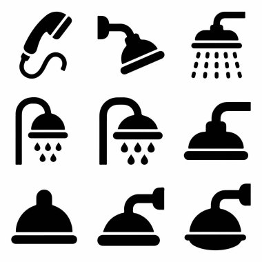 Farklı duş başlıklarını temsil eden dokuz basit siyah kabartma simgesinden oluşan bir koleksiyon. Sette, bazıları su püskürten, beyaz bir arkaplanda izole edilmiş, el bilgisayarı ve sabit modeller yer alıyor..