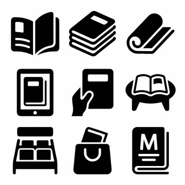 Kitap, okuma ve bilginin çeşitli yönlerini temsil eden dokuz basit siyah simge koleksiyonu. Bir kütüphane, e-kitap, kitapçı ve öğrenme sembolleri içerir, UI tasarımı için mükemmel.