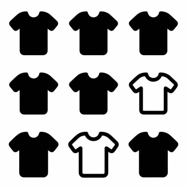 Dokuz basit t-shirt vektör simgesinden oluşan bir koleksiyon. Katı siyah siluetler ve çizgi sanat stillerini içerir. Beyaz bir arkaplanda izole edilmiş, moda veya giysi grafikleri için mükemmel..