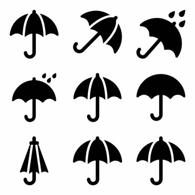 Beyaz arkaplanda dokuz adet siyah siluet şemsiye simgesi. Koleksiyonda, bazılarında yağmur damlaları, yağmur ve korumayı temsil eden açık, kapalı ve eğimli şemsiyeler yer alıyor..