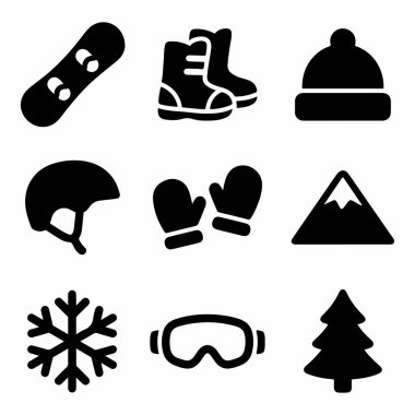 Kar kayağı, botlar, miğfer, gözlükler, dağ ve kar taneleri de dahil olmak üzere kar kayağı aktiviteleri ve snowboard ekipmanları için dokuz basit simge koleksiyonu..
