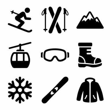 Kış aktiviteleri ve dinlenme ile ilgili siyah katı kabartma simgelerinden oluşan bir derleme. Set bir kayakçı, kayaklar, dağlar, bir kayak asansörü, gözlükler, bir bot, bir kar tanesi, bir snowboard ve beyaz bir arka planda izole edilmiş bir ceket içeriyor..