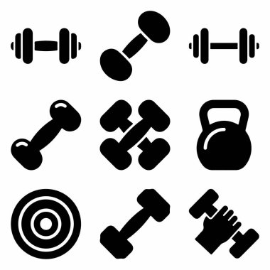Kol halterleri, halterler, halterler, halterler, spor ve spor için ağırlık plakası gibi çeşitli spor aletlerini temsil eden dokuz siyah ve beyaz vektör ikonundan oluşan bir koleksiyon..