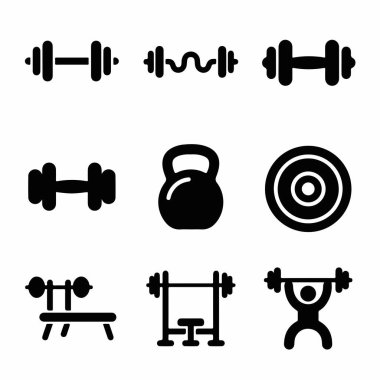 Çeşitli spor salonları ve halter ekipmanlarını temsil eden dokuz izole vektör ikonu. Halter, dambıl, dambıl, ağırlık plakası, ağırlık kaldırma ve ağırlık kaldırma....