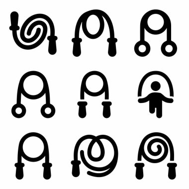 Atlama iplerini temsil eden dokuz minimalist siyah sembol. Bu set fitness uygulamaları, spor salonu web siteleri ve egzersiz bilgileri için mükemmel..