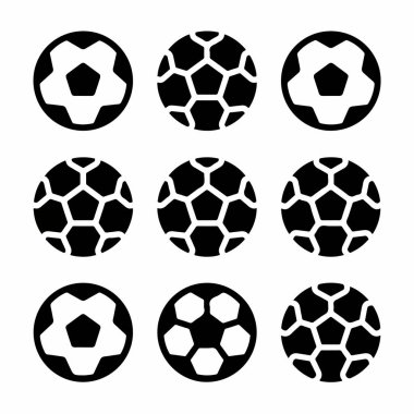 Dokuz farklı futbol topu ya da futbol grafik ikonu koleksiyonu. Beyaz arka planda izole edilmiş, spor tasarımı için basit siyah beyaz siluet sembolleri.