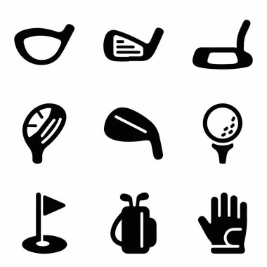 Çeşitli golf ekipmanları ve elementleri temsil eden basit, katı siyah sembol koleksiyonu. Sürücü, sopa, golf sopası, top, delikte bayrak, çanta ve eldiven. Beyaz bir arkaplanda izole edilmiş.