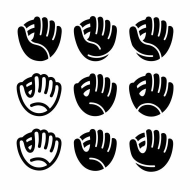 Dokuz basit beyzbol eldiveni ikonu koleksiyonu. Bu set, spor logoları, web tasarımı veya grafik elementleri için mükemmel olan hem katı siluet hem de çizgi sanat varyasyonlarını içerir..