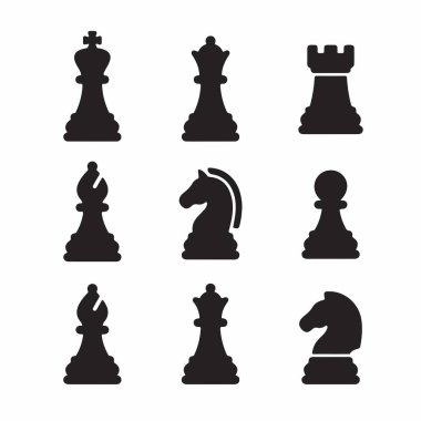 Basit bir siluet tarzında dokuz siyah satranç taşından oluşan bir koleksiyon. Bu vektör seti şah, vezir, kale, fil, at ve oyun tasarımı için piyon figürlerini içerir..