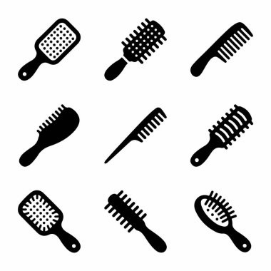 Farklı saç fırçaları ve tarakları gösteren dokuz adet siyah vektör ikonu. Kürek, yuvarlak, havalandırma fırçaları ve saç bakımı ve güzellik tarakları içerir.