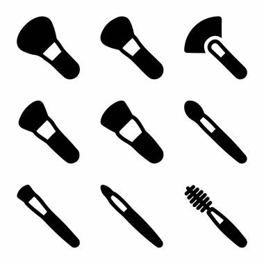 Güzellik ve makyaj uygulamaları için toz, allık, göz farı ve rimel gibi çeşitli kozmetik araçları temsil eden dokuz izole edilmiş siyah vektör simgesi koleksiyonu..