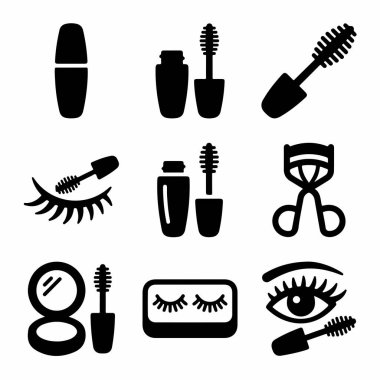 Göz makyajı ürünlerini, maskara, kirpik bigudileri, takma kirpikleri ve uygulama çubukları gibi çeşitli araçları temsil eden izole edilmiş siluet simgelerinin bir koleksiyonu..