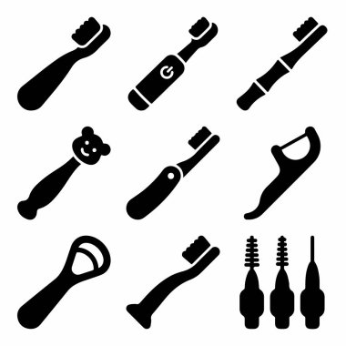 Çeşitli diş fırçaları, elektrikli ve manüel diş ipleri, diş fırçaları ve diğer temizlik araçları da dahil olmak üzere diş temizliği için vektör sembolleri koleksiyonu.