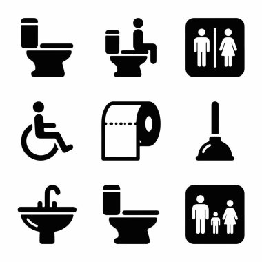 Tuvalet, lavabo, ulaşılabilirlik ve beyaz arka planda izole edilmiş aile tabelaları da dahil olmak üzere dokuz temel tuvalet ve WC piktogramından oluşan bir koleksiyon..
