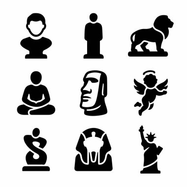 Ünlü küresel heykelleri ve anıtları temsil eden dokuz siyah siluet ikonundan oluşan bir koleksiyon. Özgürlük Anıtı, Buda, Moai, Sfenks, bir aslan ve bir melek..