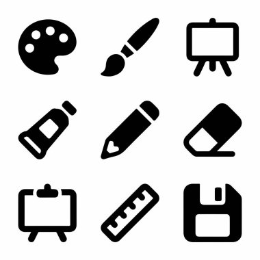 Bir palet, boya fırçası, resim sehpası, boya tüpü, kalem, silgi, cetvel gibi sanat ve yaratıcı araçları temsil eden dokuz siyah simge koleksiyonu ve disk kaydet.