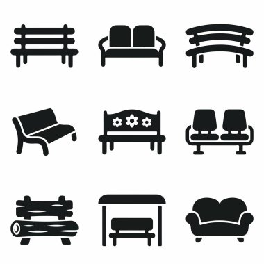 Park bankları, modern koltuklar, umumi koltuklar ve beyaz arka planda bir otobüs durağı bankı gibi farklı oturma mobilyalarını gösteren dokuz basit simge seti..
