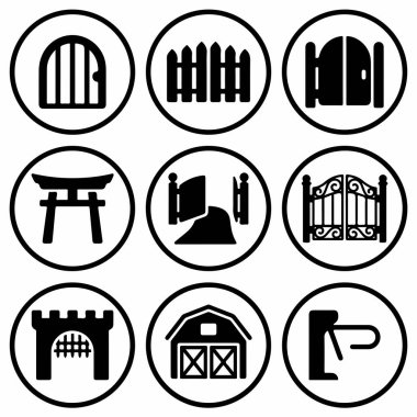 Çeşitli kapı ve girişleri tasvir eden dokuz dairesel ikondan oluşan bir set. Torii kapısı kale giriş kapısı, ahır kapısı ve turnikeli kapı..