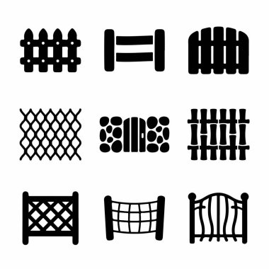 İzole edilmiş dokuz siyah siluet simgesi; çit, tahta, zincir halkası, taş ve dekoratif metal tasarımları içeren farklı çit ve kapı stillerini göstermektedir..