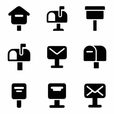 Dokuz katı siyah posta kutusu ve posta kutusu ikonundan oluşan çok yönlü bir set. Bu koleksiyon çeşitli tasarımlar, web tasarımı, kullanıcı arayüzleri ve iletişim kavramları için mükemmeldir..
