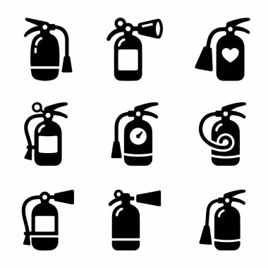Dokuz farklı yangın söndürücü ikonundan oluşan basit siyah siluet şeklinde bir koleksiyon. Güvenlik işaretleri, acil durum talimatları ve yangın önleme grafik tasarım elementleri için ideal.